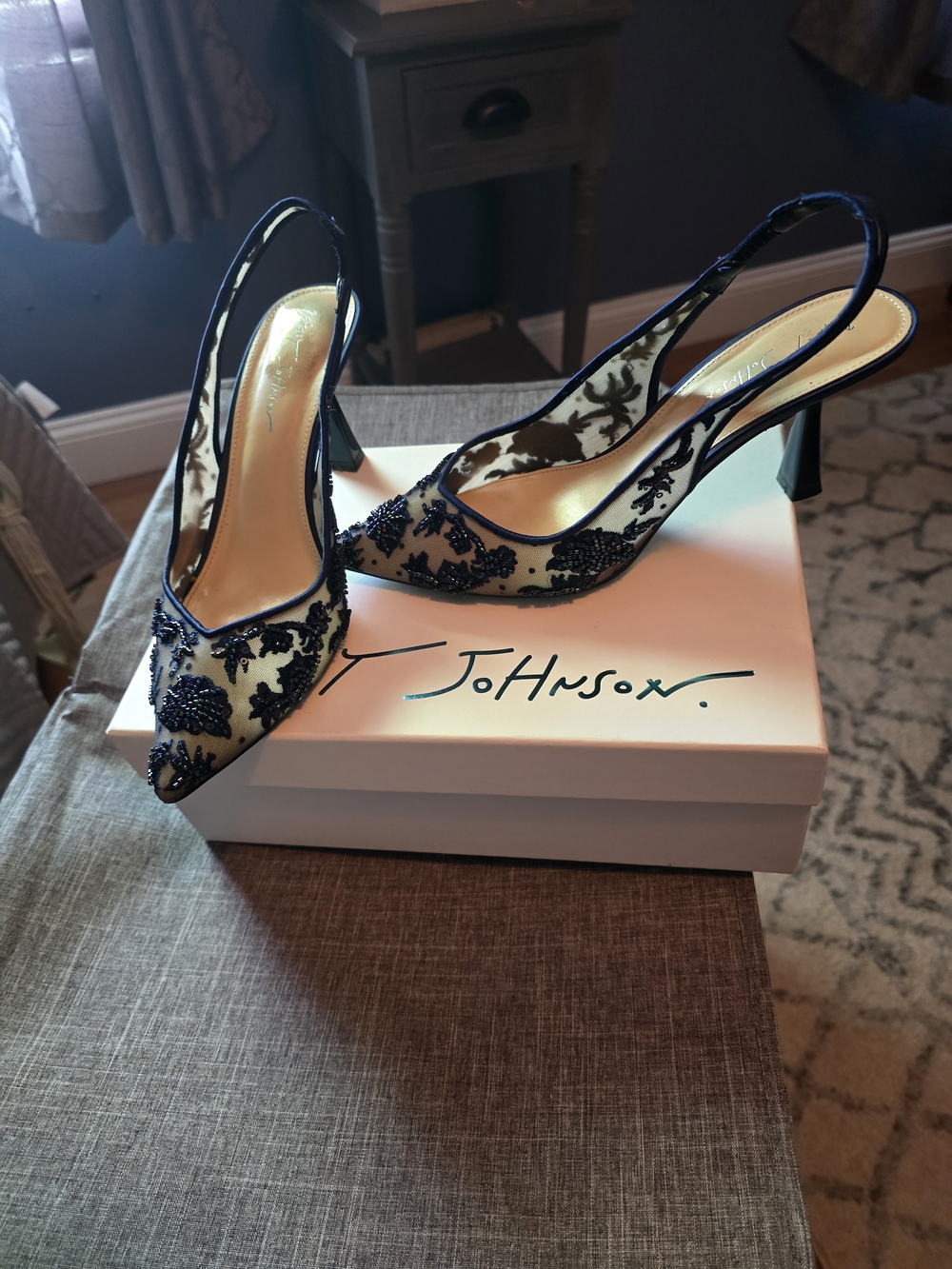 Nikki Navy Beaded Lace Slingback Pumps Betsey Johnson